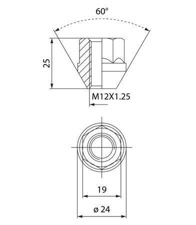 EvoCorse гайка колесная (M12X1,25/H 25 mm./60*), оцинков.